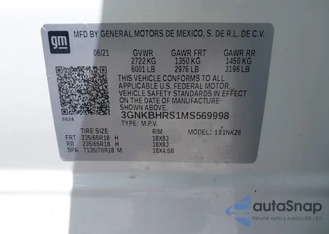 2021 Chevrolet Blazer Awd 2Lt из США, поврежденный, VIN 3GNKBHRS1MS569998